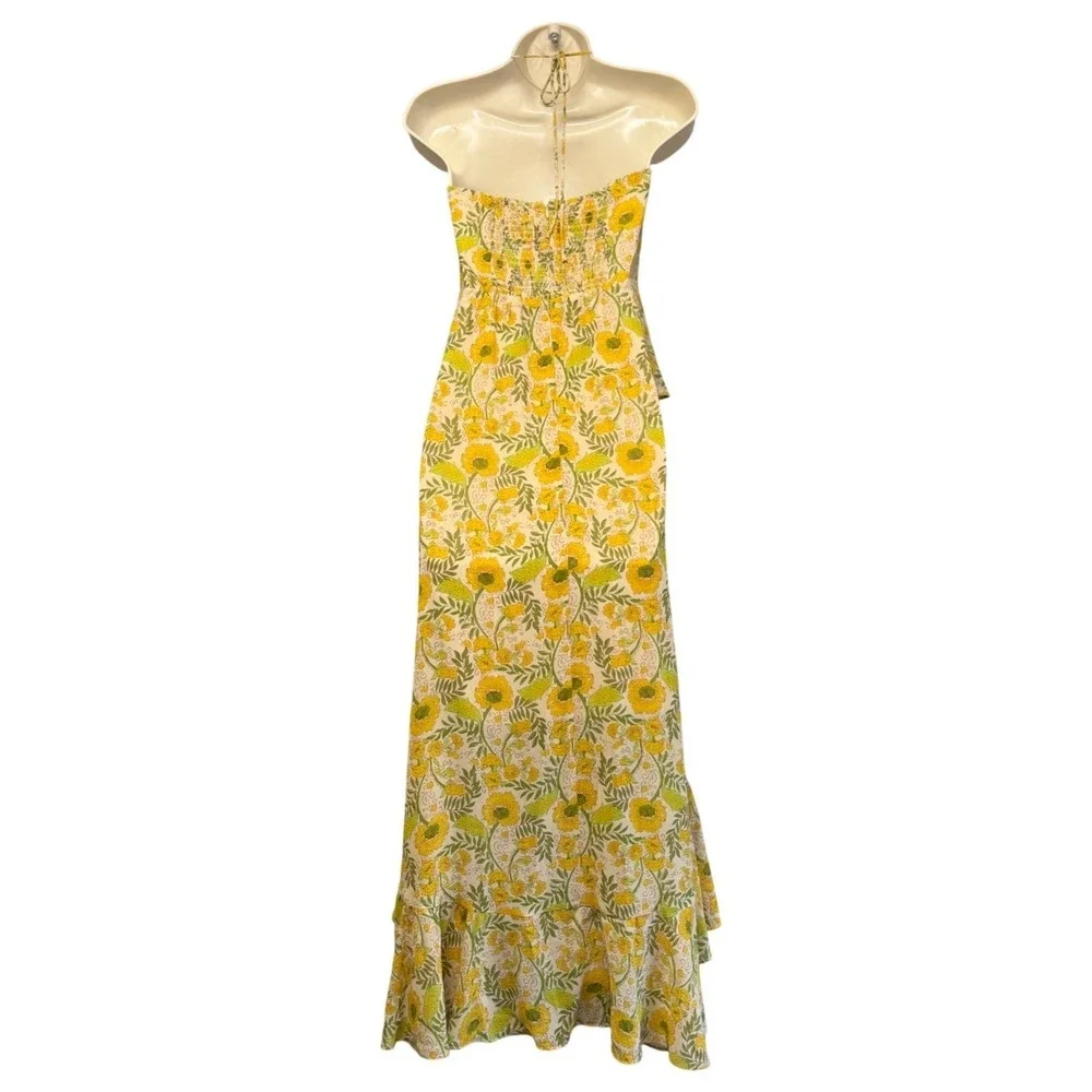 ASTR the Label Maxi Dress Womens XS Yellow Floral Halter Boho Tier Ruffle Flirty